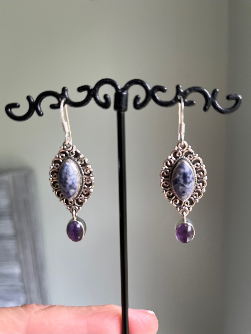 Filigree Silver Drop Earrings with Sodalite Stone